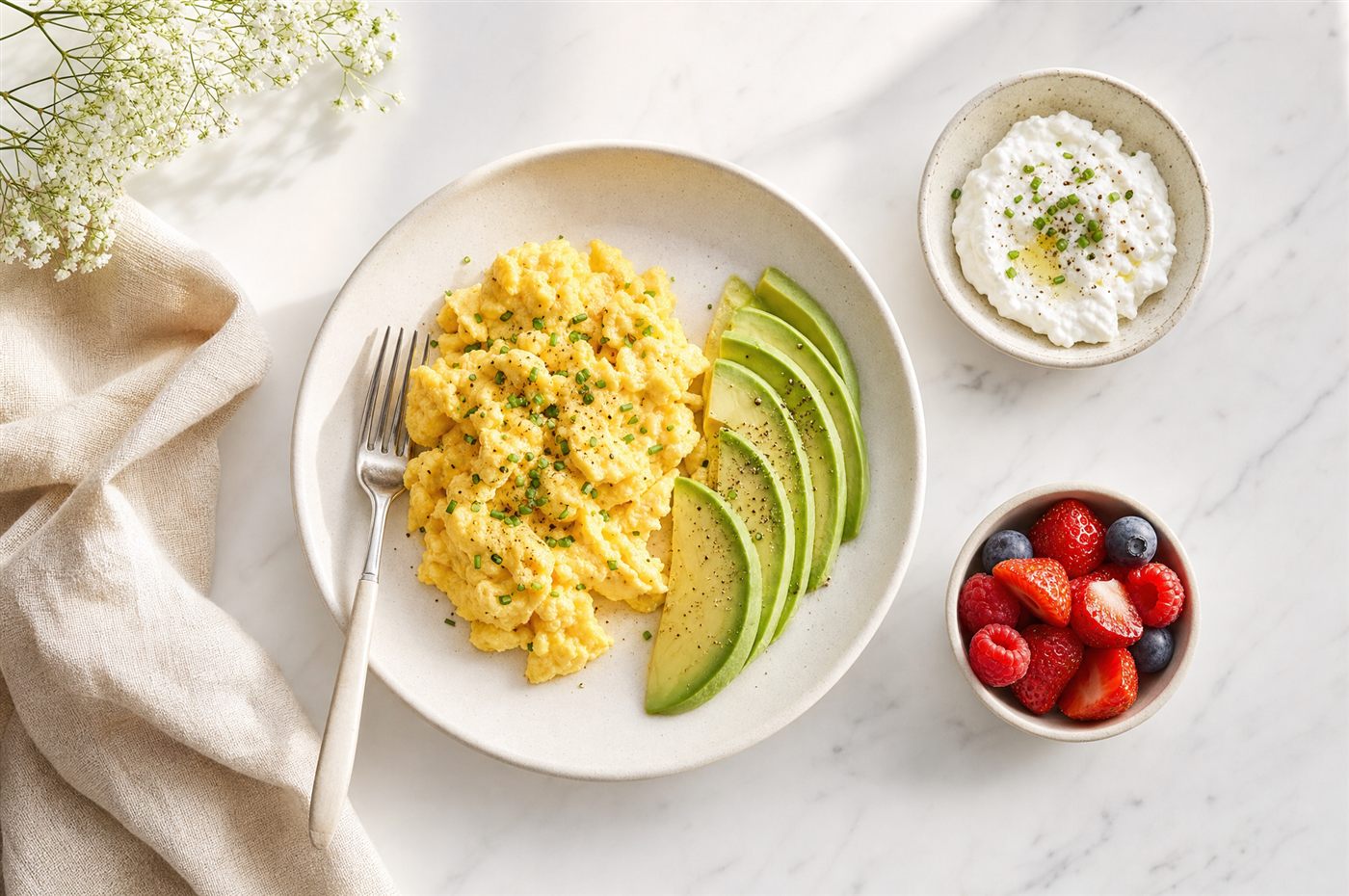 A high-protein breakfast of eggs, avocado, smoked salmon and berries